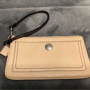 COACH Cream Colored Zippered Wristlet with Brown Strap Small Front Pocket
